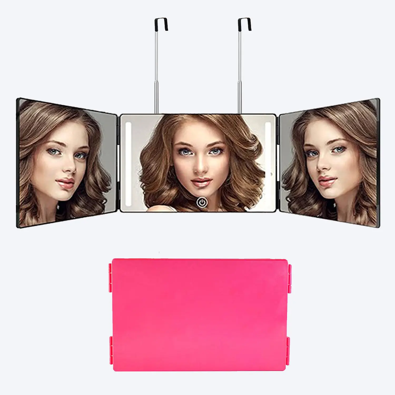 3 Way LED Trifold Makeup Mirror Adjustable Height Portable 360° Lighted Mirror for Makeup Hair Styling Braiding Shaving Dye Hair Grooming