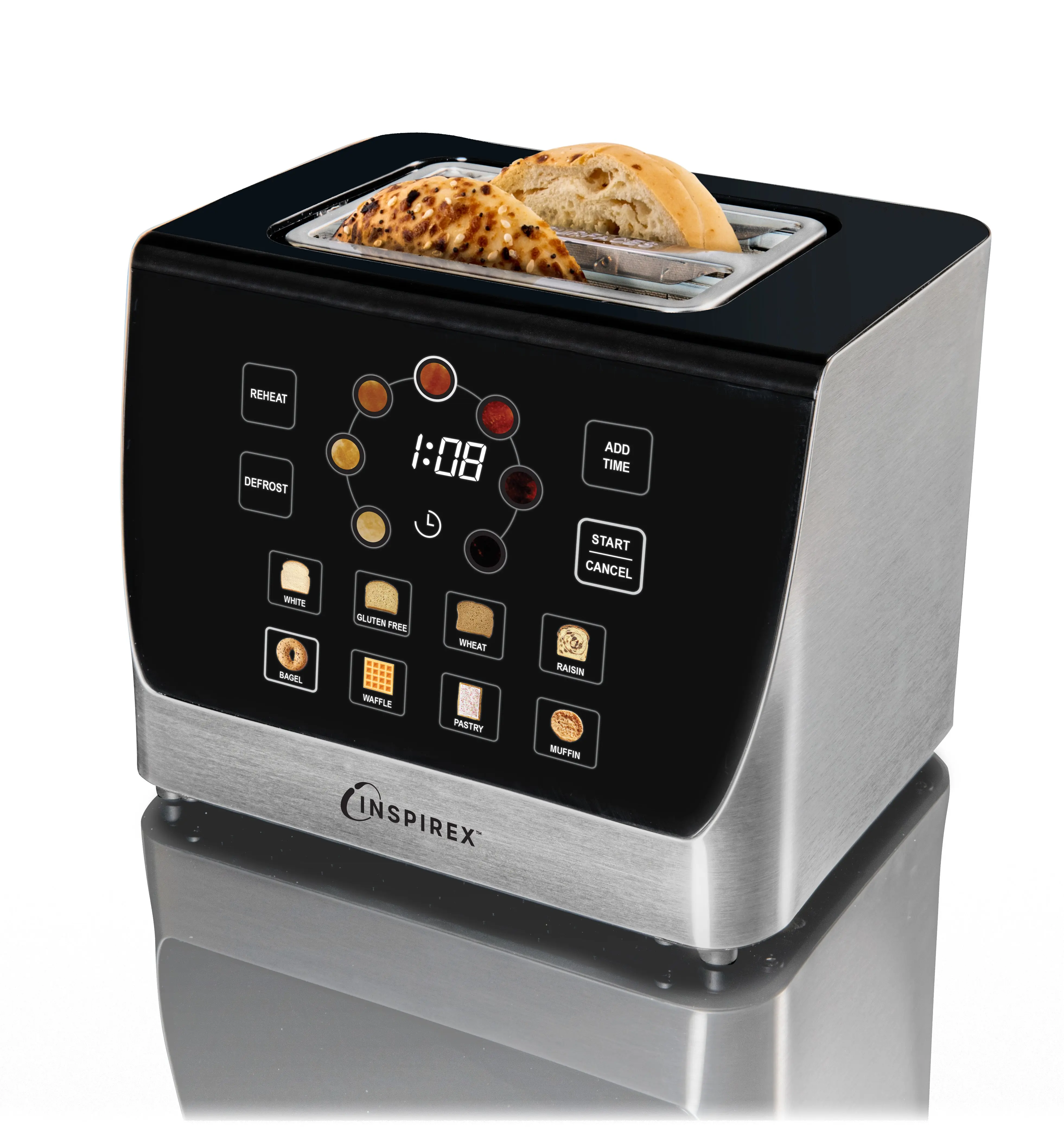 Inspirex Modern Ergonomic Automatic Bread Maker Machine, Interactive Touchscreen Kitchen Appliance with Auto Lowering Glass Panel & Removable Crumb Tray, Auto‑Lower Start