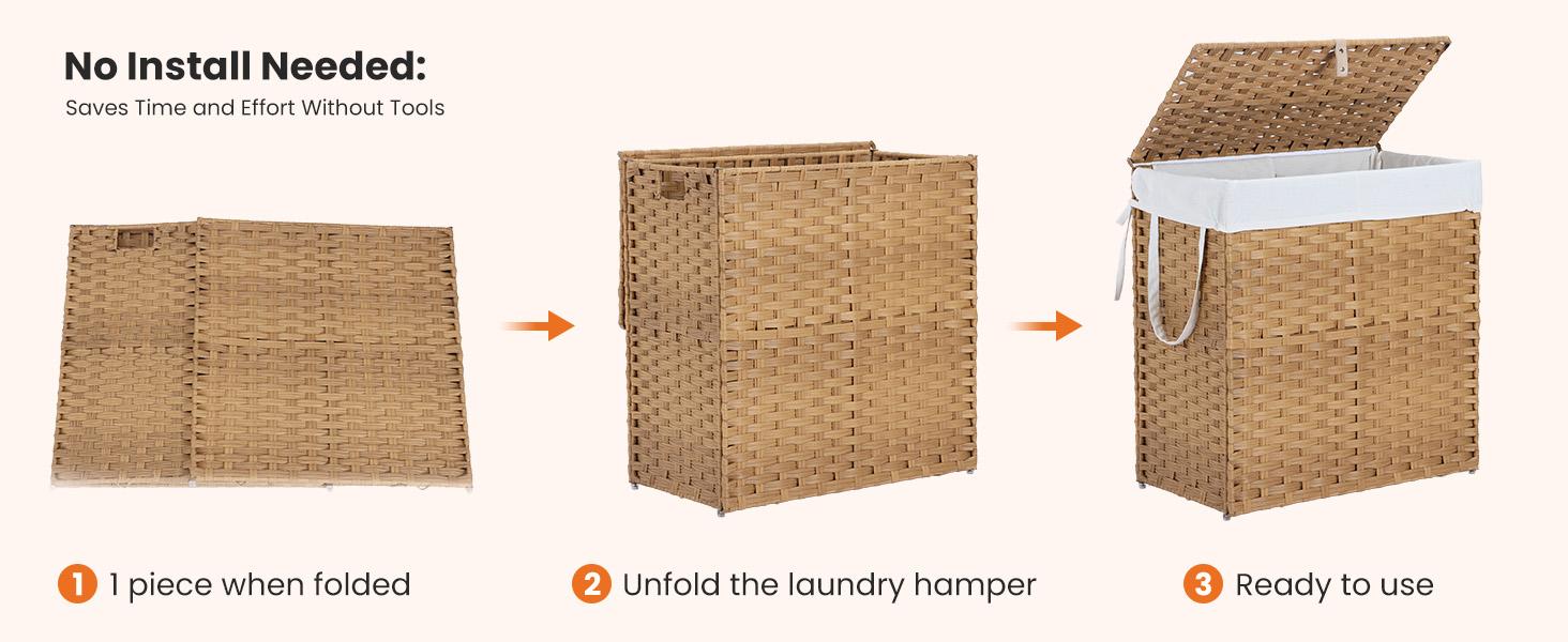 Woven Rattan Laundry Hamper with Adjustable Lid, Dirty Clothes Busket, Foldable, Steel Frame, Machine Washable for Home, Bathroom, Bedroom