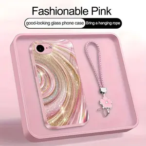 Luxury Rose Gold Swirl Phone Case with Flower Lanyard, Glitter Pink Art Aesthetic Cover for iPhone 16e — 975
