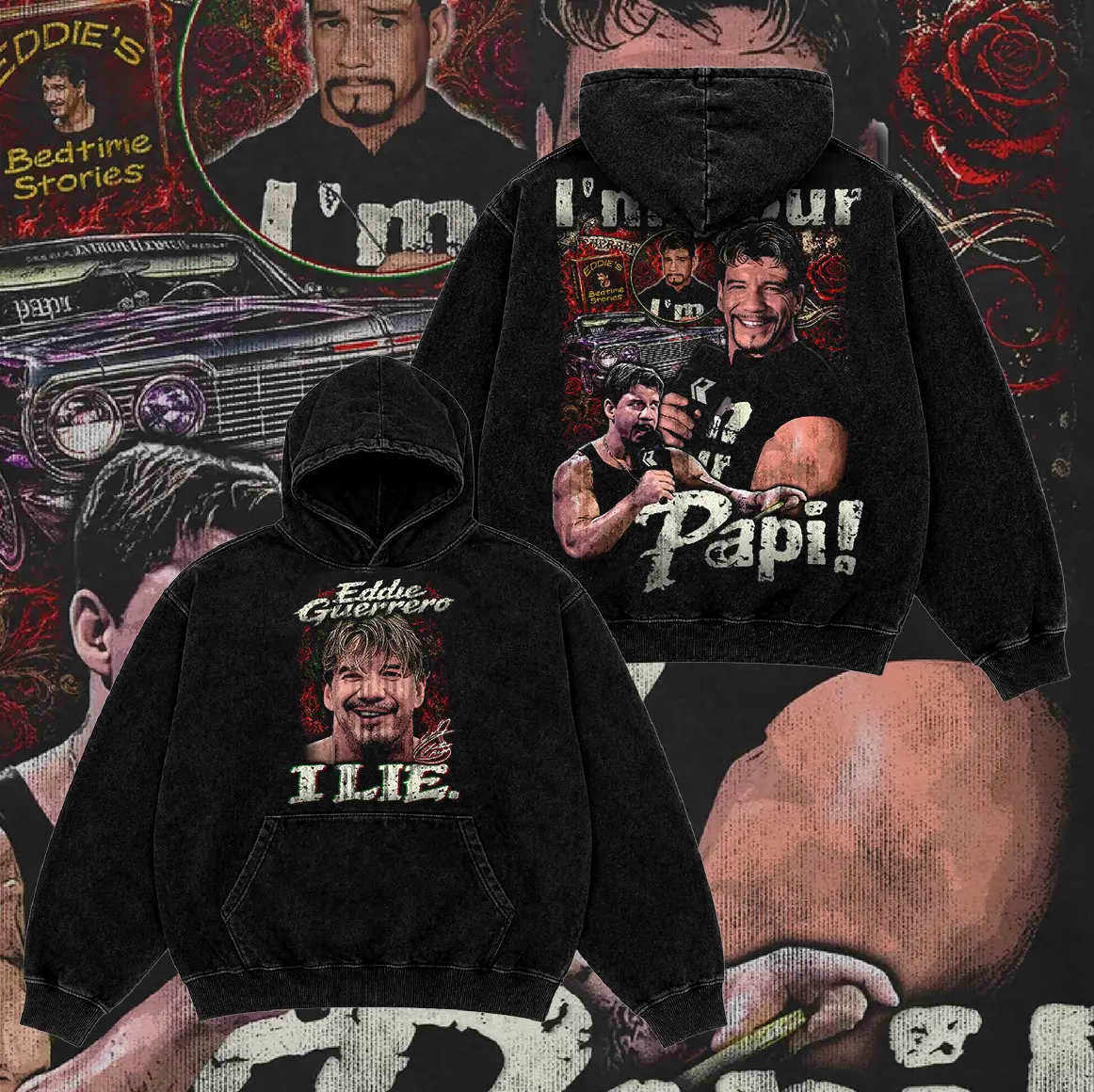 WWE Eddie Guerrero Latino Heat I'm Your Papi Menswear Vintage Washed Pullover Hoodie, Front and Back Retro Wrestling Graphic Streetwear