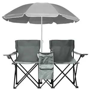 Portable Outdoor 2-Seat Folding Chair with Removable Sun Umbrella Grey，Double Camping Chair with Umbrella, Folding Loveseat Chairs w/Canopy Shade, Carrying Bag, Table, Cup Holder, Portable Beach Chairs Outdoor Picnic Patio (Black)