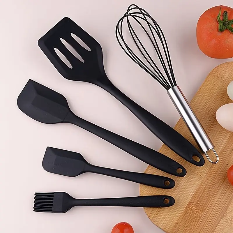 5-Piece Functional Silicone Spatula Set - Heat-Resistant Kitchen Utensils Including Non-Stick Oil Brush, Egg Beater for Baking/Cooking, Home Use