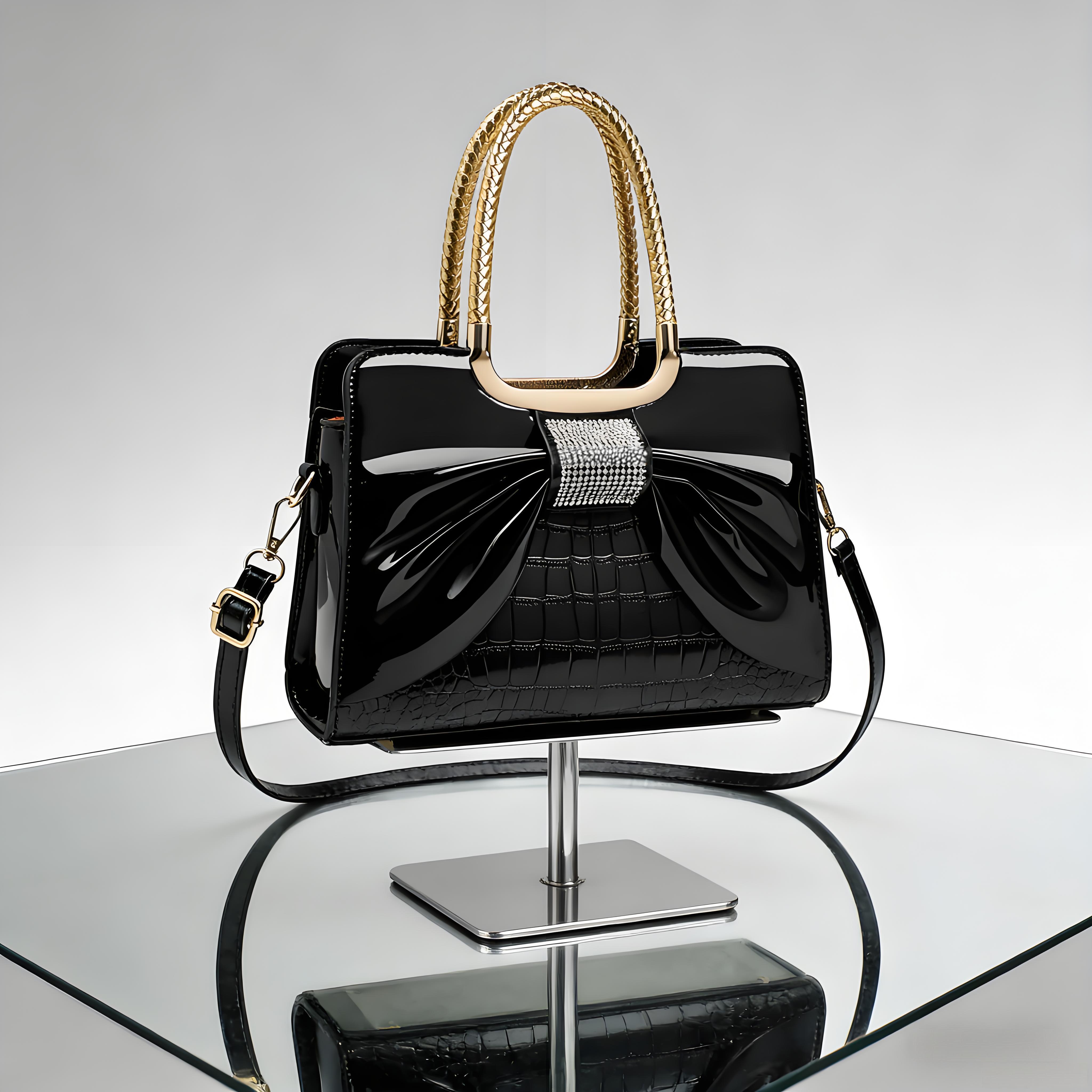 Elegant Temperament Women's Leather Bag-Crocodile Pattern & Bow Detail,3-In-1 Style (Shoulder + Simple Handbag + Classic Crossbody)