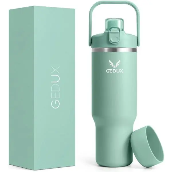 Vacuum Insulated Stainless Steel Sports Water Tumbler (32oz/40oz) - Single Bottle Flask, Portable, Heatproof, Anti-Scalding, with Handle, 2-in-1 Chug & Straw Lid, Protective Silicone Boot, for Outdoor Adults, Hydration, Water Bottles, Insulation