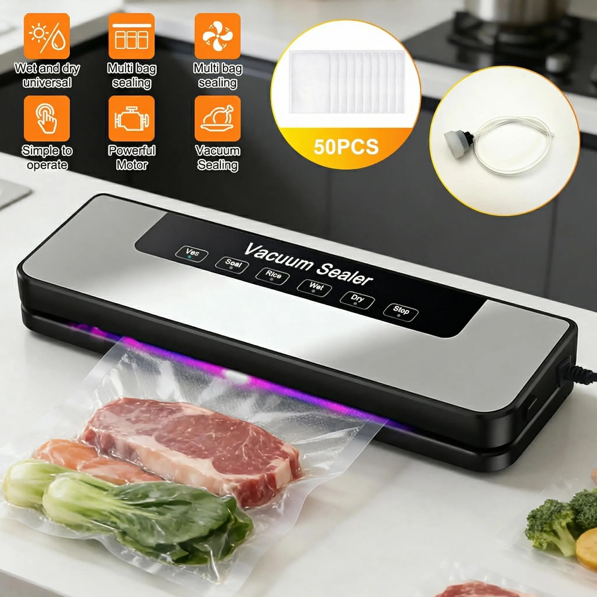 【DealsForYouDays】Automatic Vacuum Sealer Kit (65kPa Suction, 110V Plug, 38x17x8cm Compact ABS Plastic), 50 Vacuum Sealing Bags, Dual Dry/Wet Modes, 6-in-1 Design for Easy Storage & Sous Vide, Extends Food Freshness 5x, Kitchen Household Appliance