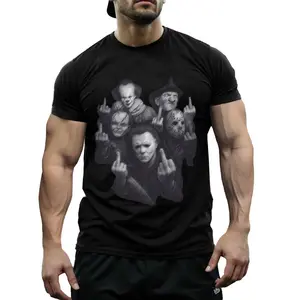 Horror Movie Killers Middle Finger T-Shirt for Halloween, Funny Unhinged Gift for Horror Fans, Spooky Season Outfit for Men Women