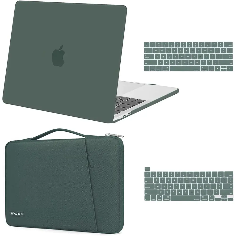 MOSISO Compatible with MacBook Pro 13 inch Case M2 2026, 2025, 2024-2016 A2338 M1 A2251 A2289 A2159 A1989 A1708 A1706, Plastic Hard Case & 360 Protective Sleeve Bag & Keyboard Skin, Midnight Green, Commuting, Lightweight, Water Resistant, Polycarbonate, K