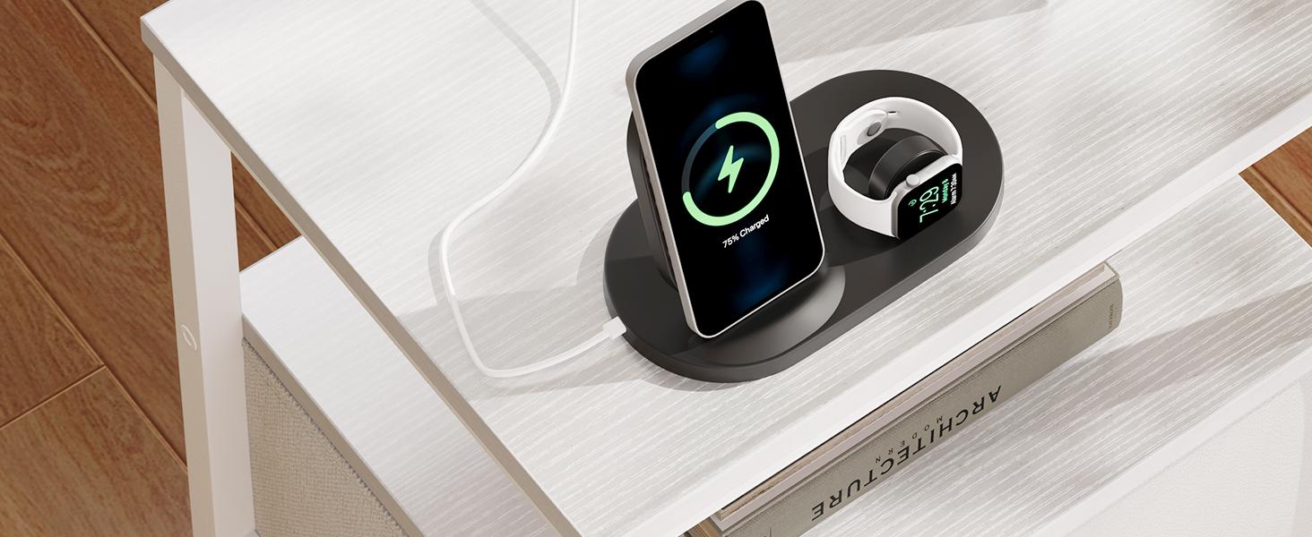 Nightstand with Charging Station and 2 Fabric Drawer, Bedside Table Furniture with USB Ports and Outlets