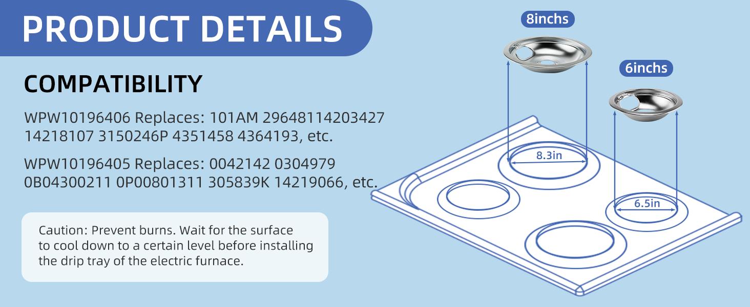 W10196406 and W10196405 Chrome Stove Burner Drip Pan Set for Whirlpool Amana Maytag Magic-Chef Kenmore Electric Range with Locking Slot, Includes 2 6-Inch and 2 8-Inch Drip Bowls