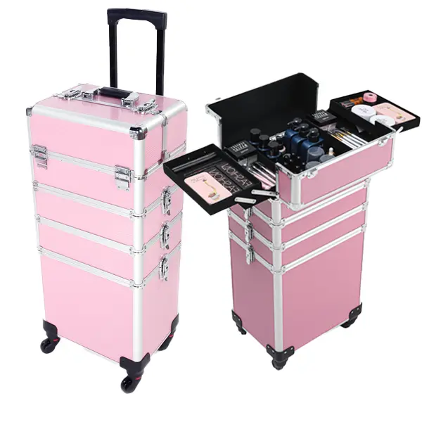 4 In 1 Professional Makeup Case Aluminum Pink, Cosmetic Storage Box for Beauty Tools and Accessories, Lightweight Portable Organizer for Makeup and Travel