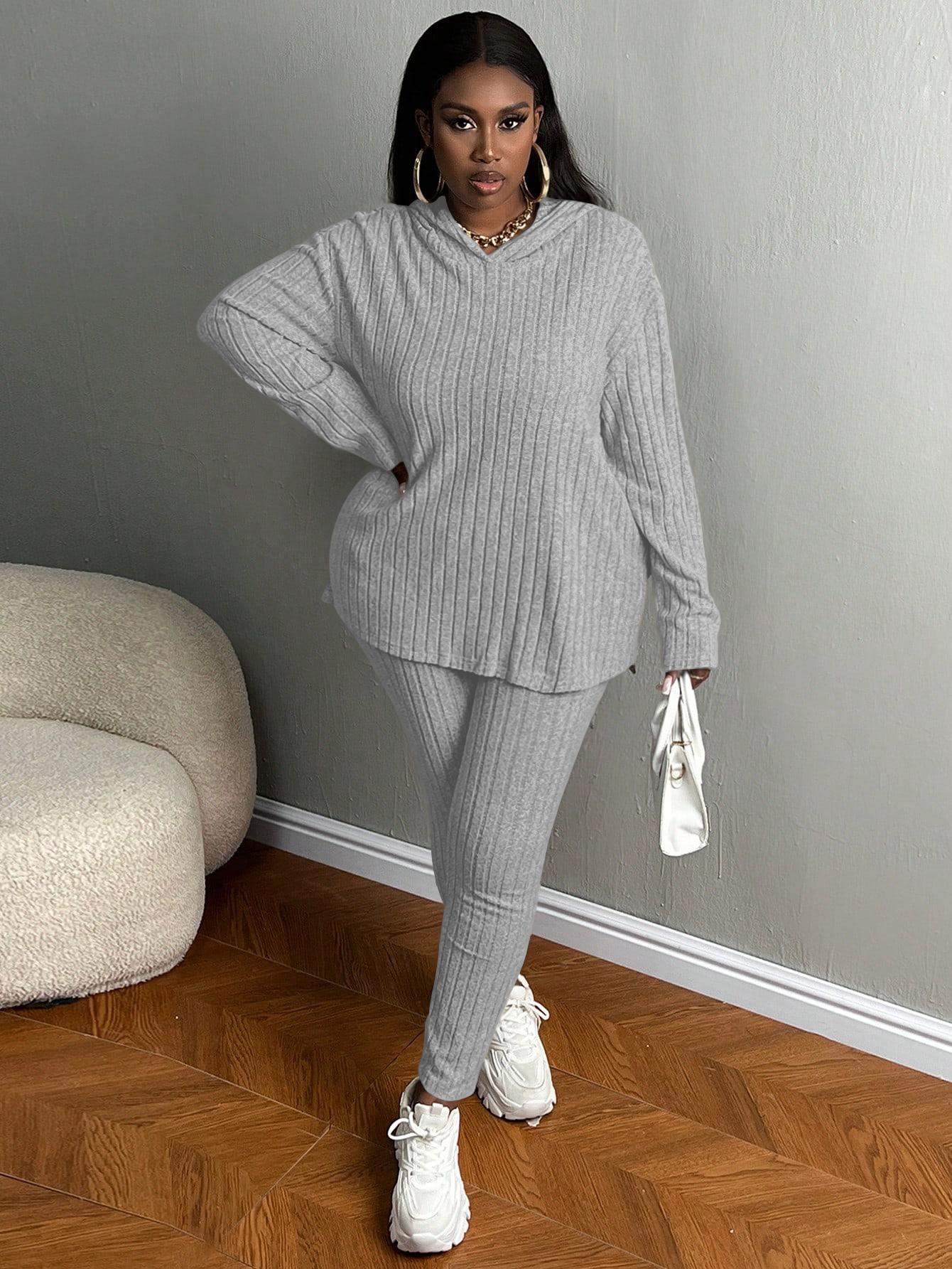 USBOUTIQUECHIC Plus Size Women's Solid Textured Ribbed Hoodie & Elastic Waist Pants Set, Casual Cozy Ribbed Knit Outfits for Fall & Winter, Baggy Matching Suits for Daily Wear