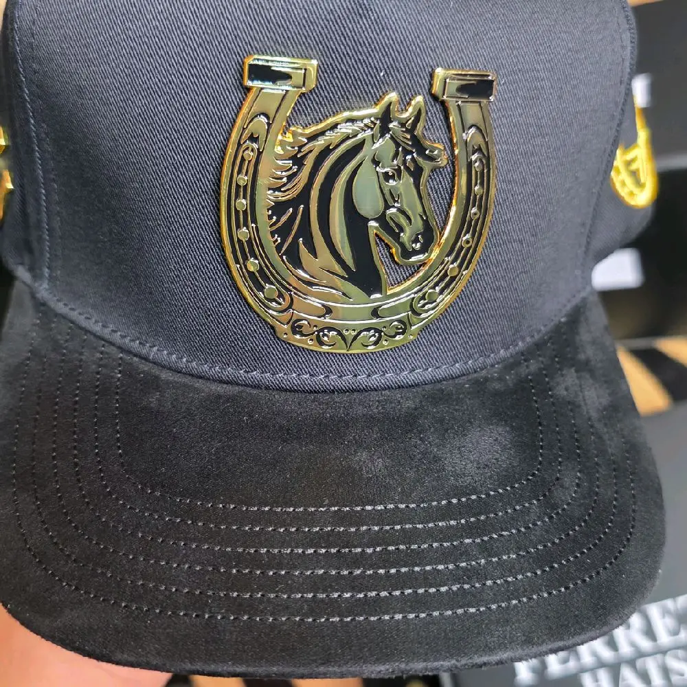 Ferreti Original Horse Logo Snapback Hat - Black Suede with Gold Horseshoe Emblem