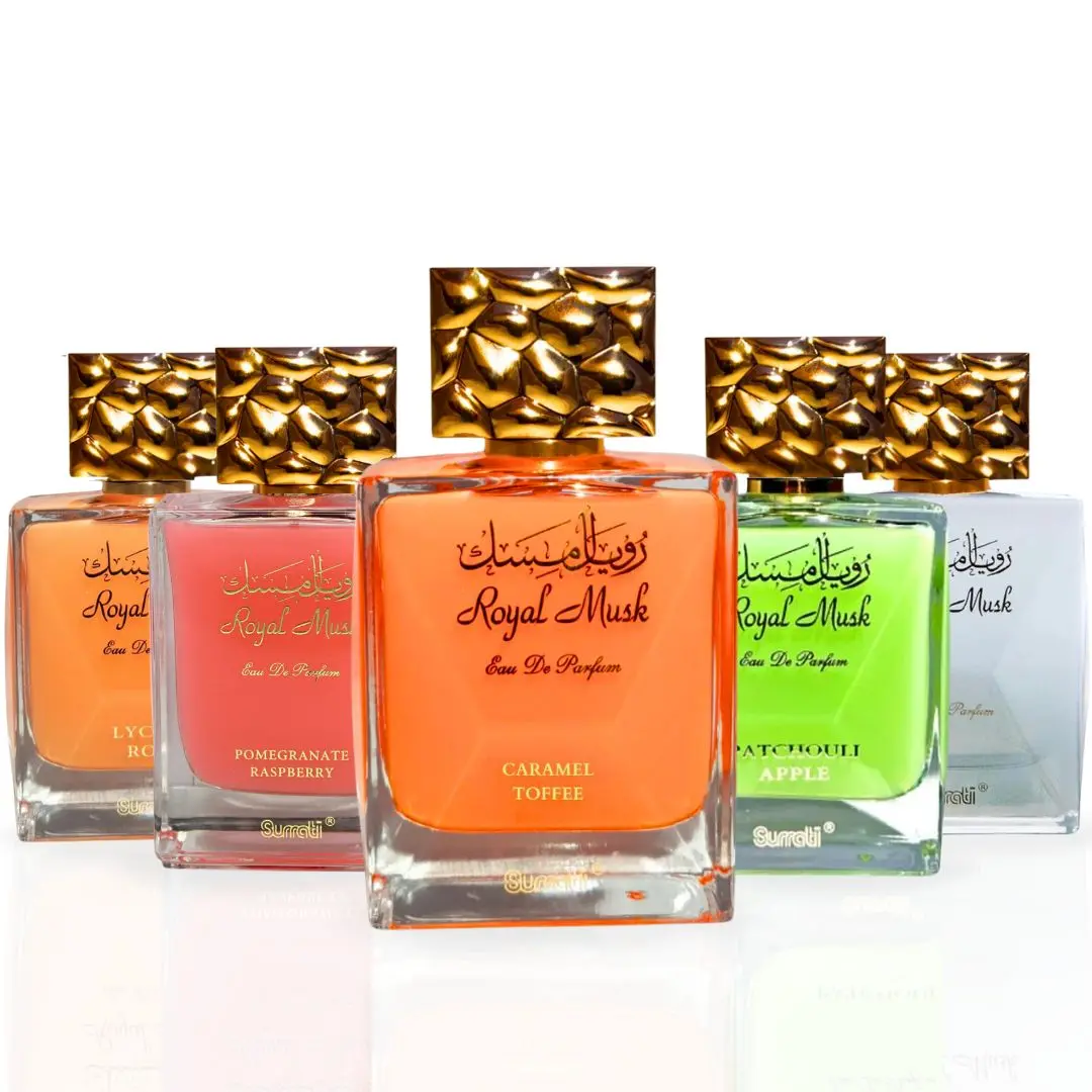 Royal Musk Caramel Toffee, Patchouli Apple, Pomegranate Raspberry, Lychee Rose & Royal Musk EDP Spray 100ML (3.4 OZ) by Surrati | Exotic Fragrances for Men & Women. (COLLECTION)