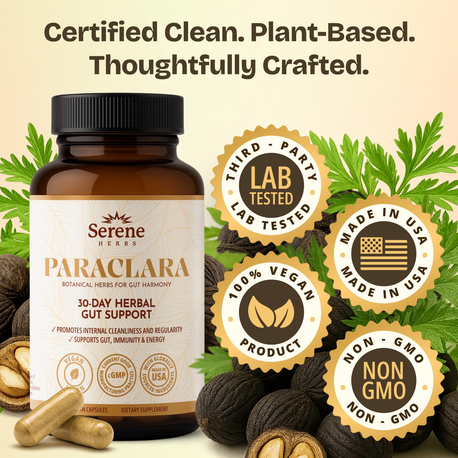 Serene Herbs Paraclara Wormwood Cleanse for Humans - Black Walnut Hull Clove Detox, Natural Gut Health Supplement for Children & Adults - Improve Digestion & Energy - 60 Capsules