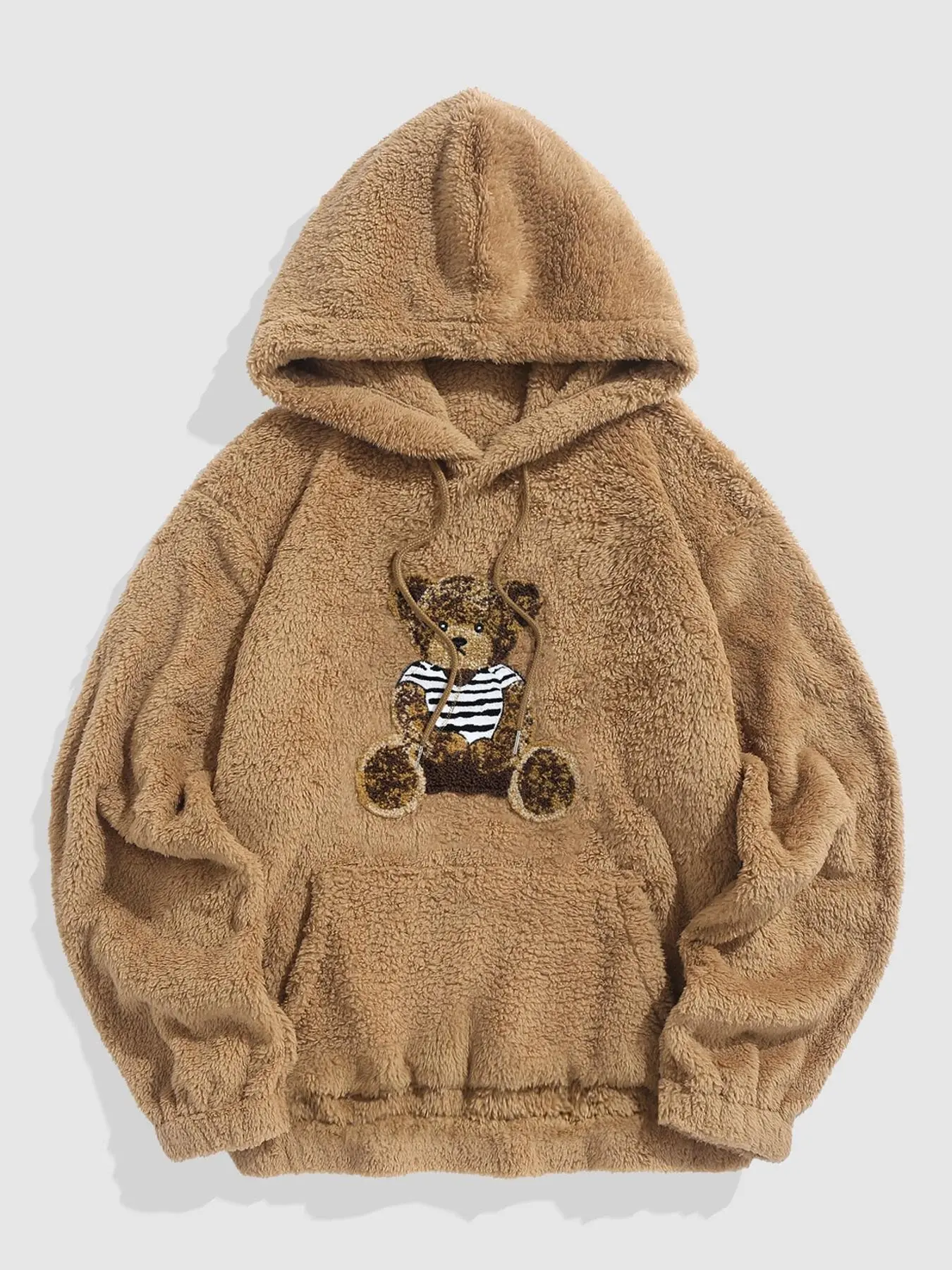 Men's Cartoon Bear Embroidered Drawstring Soft Plush Hoodie, Casual Pocket Long Sleeve Hooded Sweatshirt, Men Essentials Clothes Embroidery