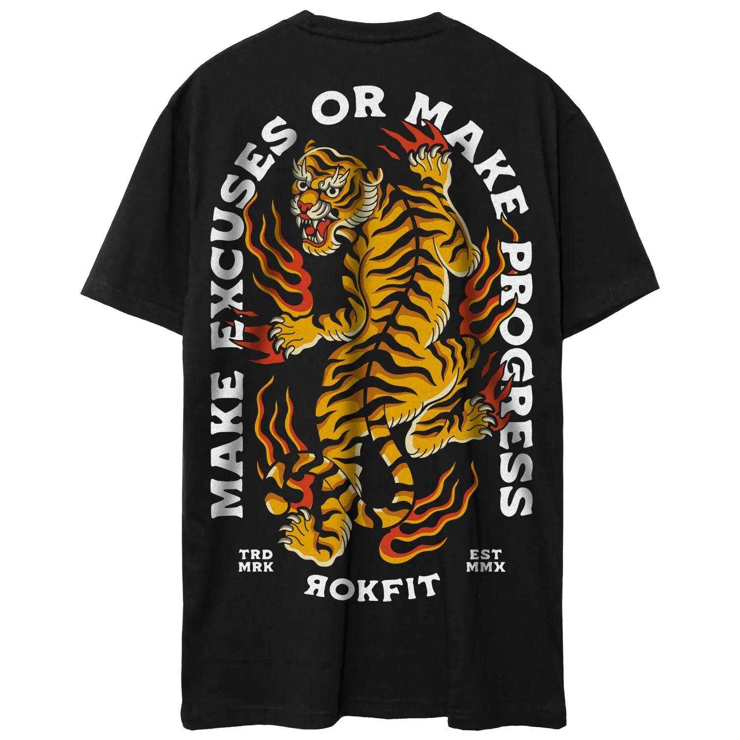 RokFit Black T-Shirt "Make Excuses or Make Progress" Printed Design Soft Cotton / Polyester Active Streetwear