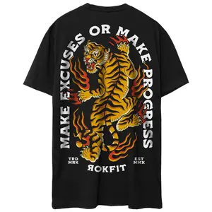 RokFit Black T-Shirt "Make Excuses or Make Progress" Printed Design Soft Cotton / Polyester Active Streetwear
