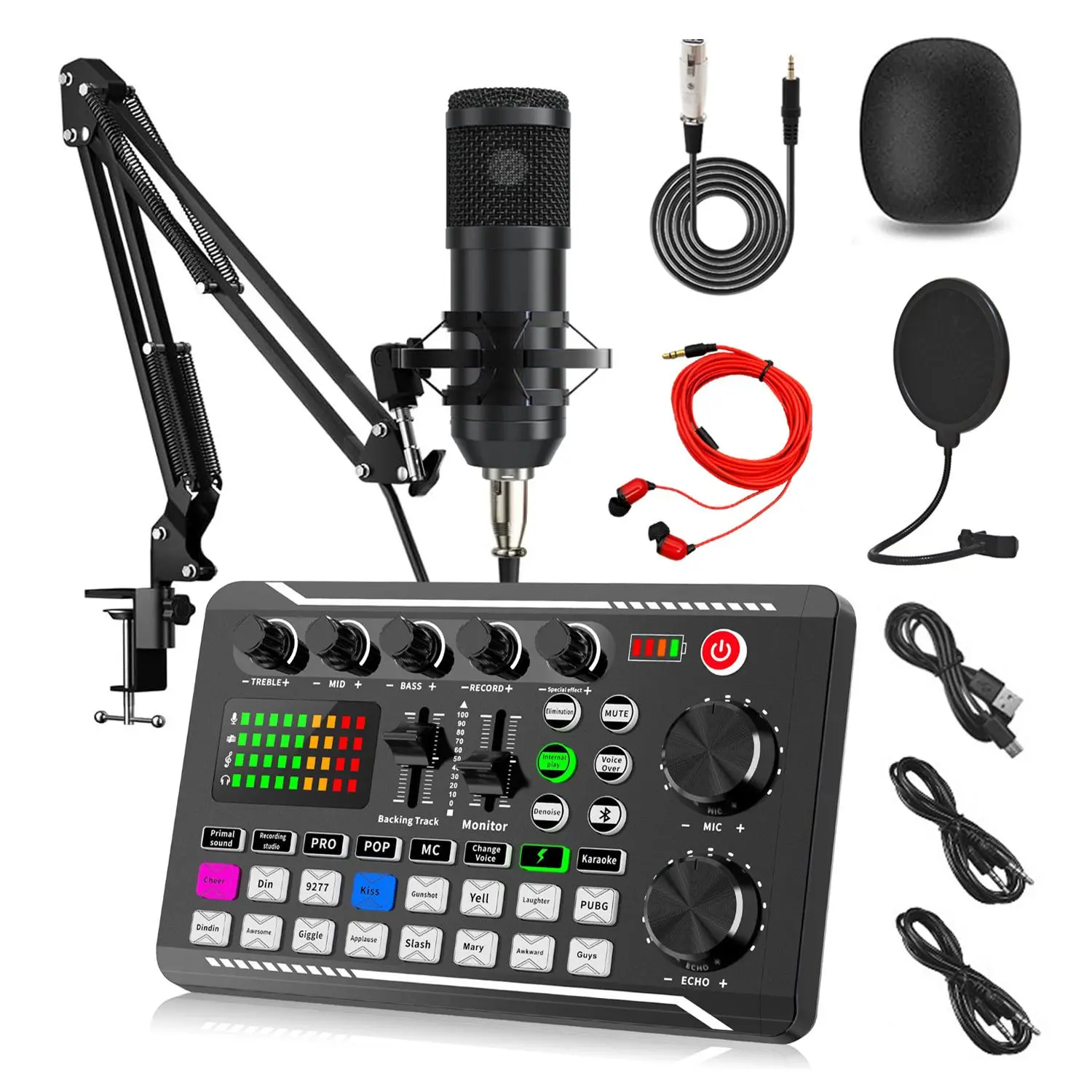 F998 Wireless Bluetooth Live Sound Card with Mic, Voice Reverb Changer, Music Control Mixer, Box & Cantilever Stand for Smartphones, Computers - Podcast, Gaming Live Broadcast Use
