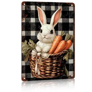 Easter Bunny Aluminum Sign,Buffalo Plaid Rabbit Carrot Wall Decor,8x12 Aluminum Poster,Spring Home Decor,Easter Gift,Rustic Kitchen Wall Art,Vintage Metal Sign