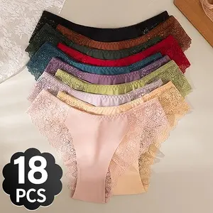 Women’s Solid Color Lace Low-Rise Bikini Briefs, Pack of 18 — Seamless Cotton, Breathable and Comfortable, All-Season Everyday Style, Soft and Skin-Friendly Triangle Design, Versatile for Beach and Camping Casual Womenswear underwear for women panties