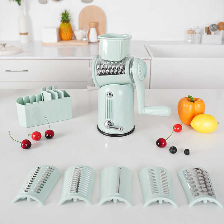 Rotary Cheese Grater with Handle - Vegetable Shredder with 5 Blades, Strong Suction Base, Round Mandoline Slicer & Blade Storage Box Kitchen Steel Stainless Utensils Curve Smooth