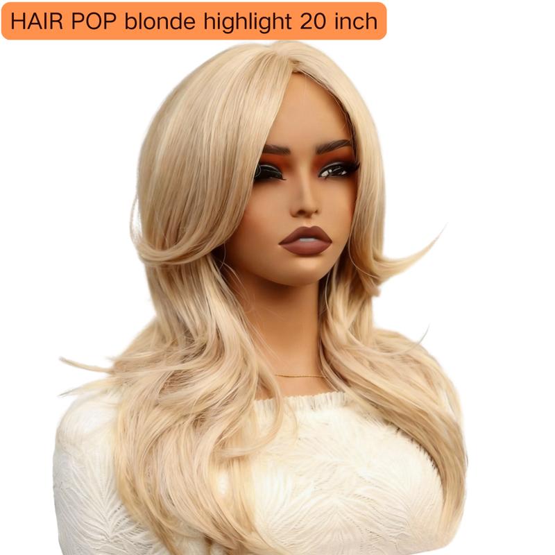 Golden Blonde Wig with Bangs Long Haired Wig for Women Curtain Bangs Synthetic Layered Cut Glueless Wig Wavy for Daily Party Use