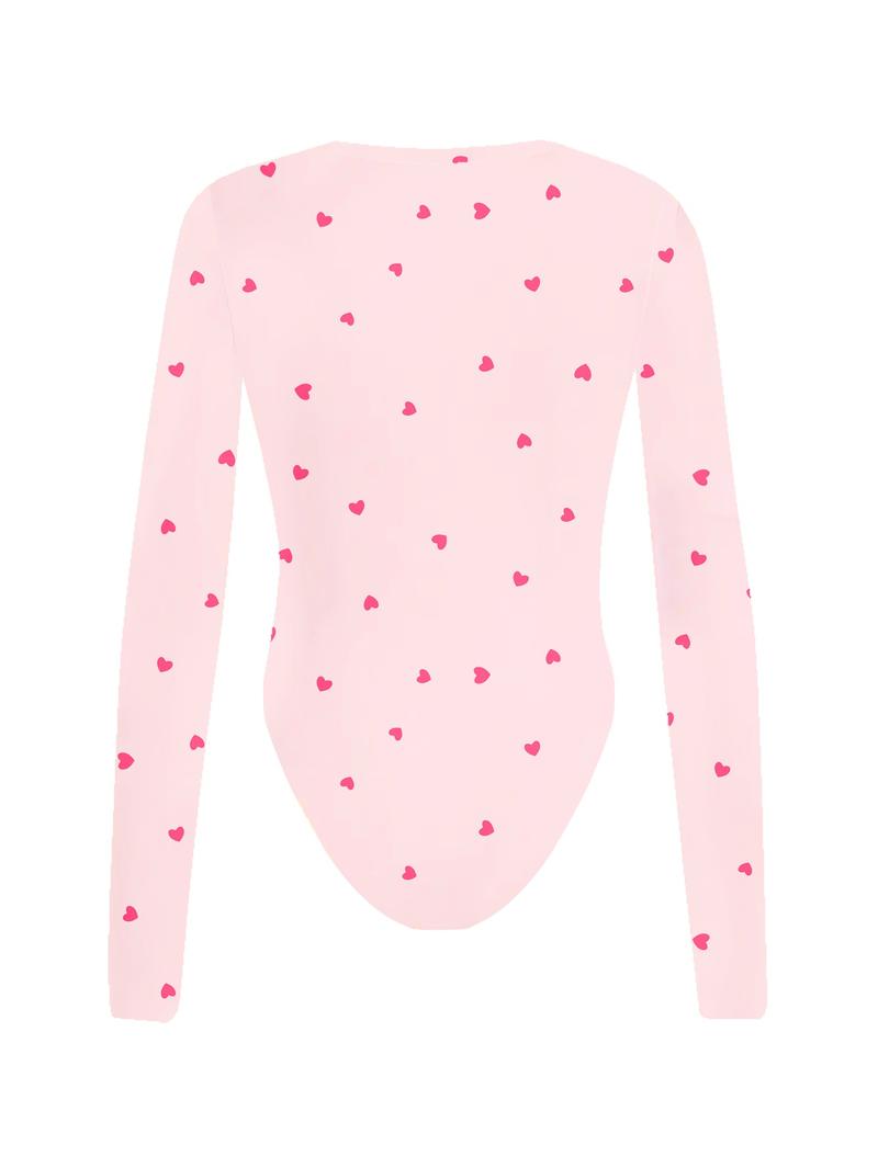 2026 Spring/Autumn New Women's Warm Bodycon Long Sleeve Top, Pink Heart Print Bodysuit with Round Neck, High Elasticity Slim-Fit Jumpsuit - Machine Washable, Suitable for Casual and Formal Occasions, Shaping Base Layer, Daily Wear Valentine's Day