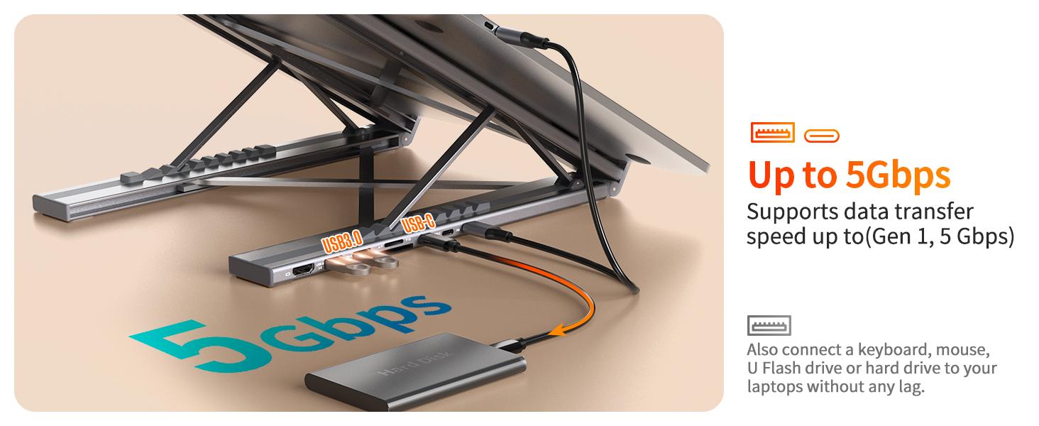 Mukiya USB C Laptop Stand with Docking Station, 8 in 1 USB C Hub with 4K HDMI, 3xUSB C, 2xUSB A, 1xSD, 1xTF Port for MacBook/Dell/HP/Surface/Lenovo Springtok