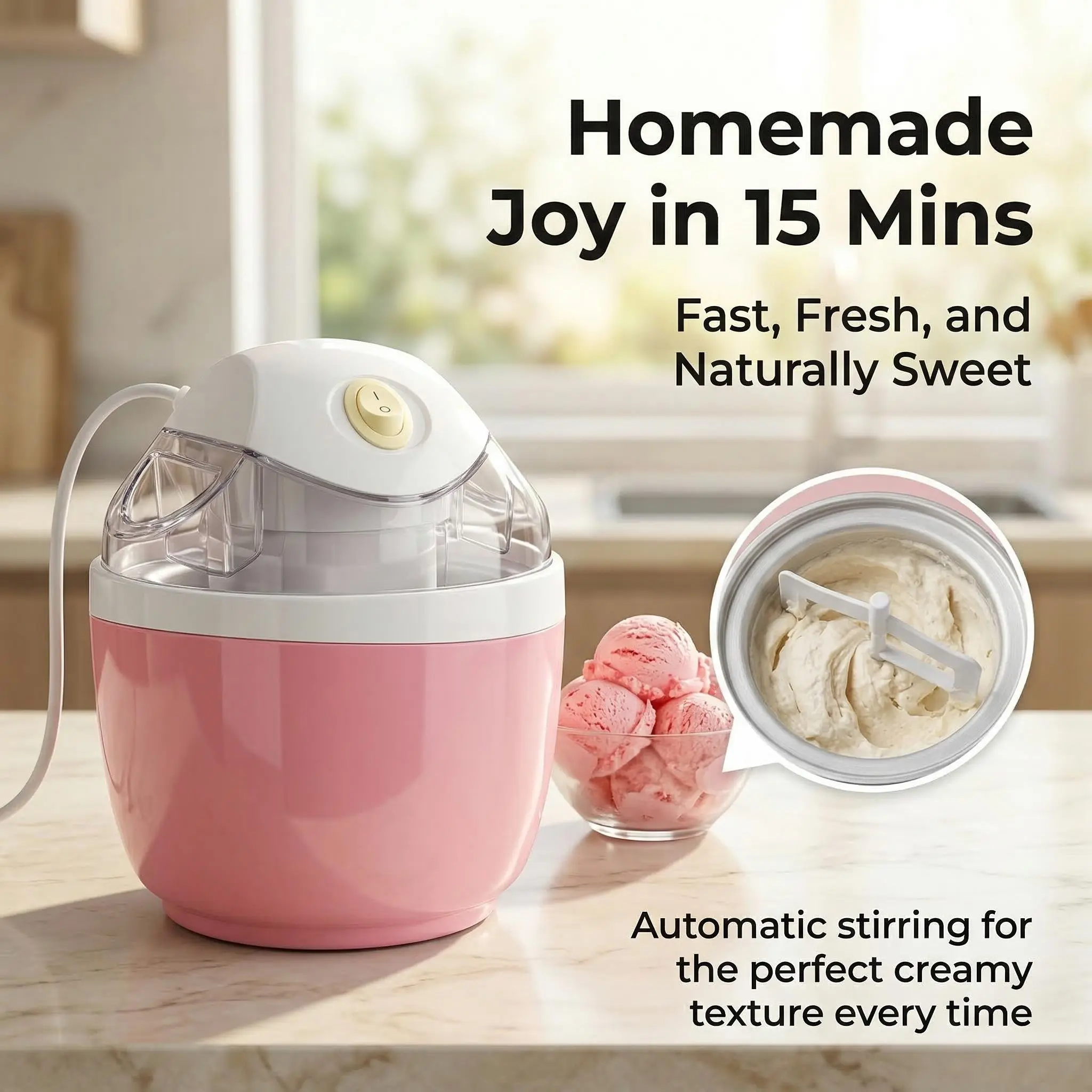 Compact Electric Ice Cream Maker Machine - 15-Minute Ice Cream Making, Auto Stir, Easy DIY Healthy Frozen Treats for Summer Desserts & Family Fun