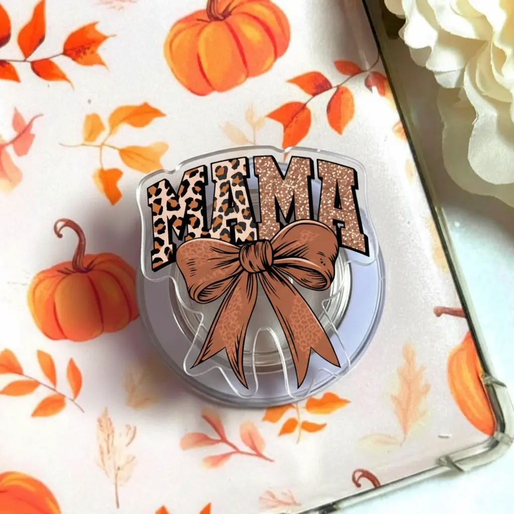 Leopard Print Mama with Bow MagSafe Phone Grip – Magnetic Pop Socket & Kickstand – Fall Gift for Mom
