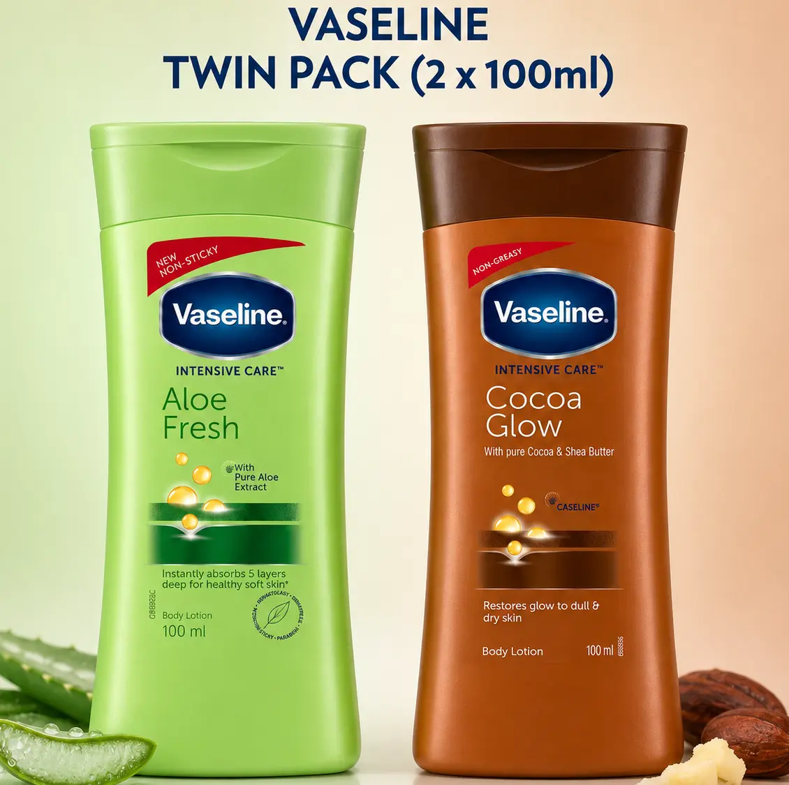 Vaseline Intensive Care Daily Moisturizing Lotion Variety Bundle - 2-Pack (100ml/3.4oz) Aloe Fresh & Cocoa Glow Mix Set, Body Moisturizer for All Skin Types, Deep Moisture, Restore Radiance, Gift-Ready