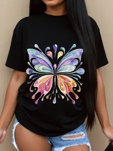 [Butterfly Love]Women's Plus-size Butterfly Cotton T-shirt, crew-neck short-sleeve breathable