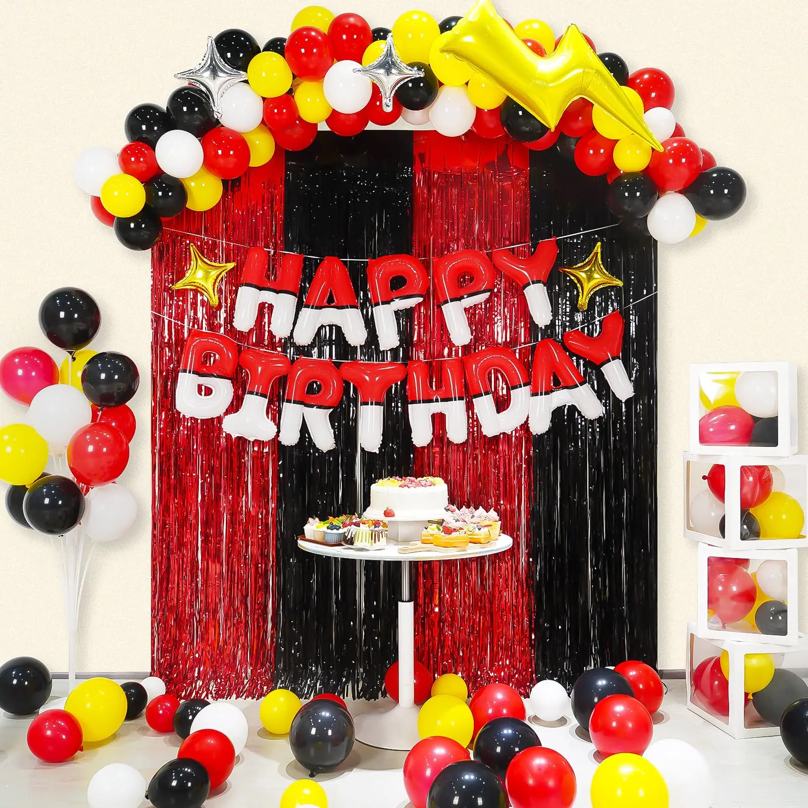 Cartoon Monster Balloon Decor Set - Red Black Yellow White Happy Birthday Banner, Aluminium Balloons Garland Arch Kit, Anime Theme Curtains Backdrop Letters Signs for Boys' Birthday Party Supplies