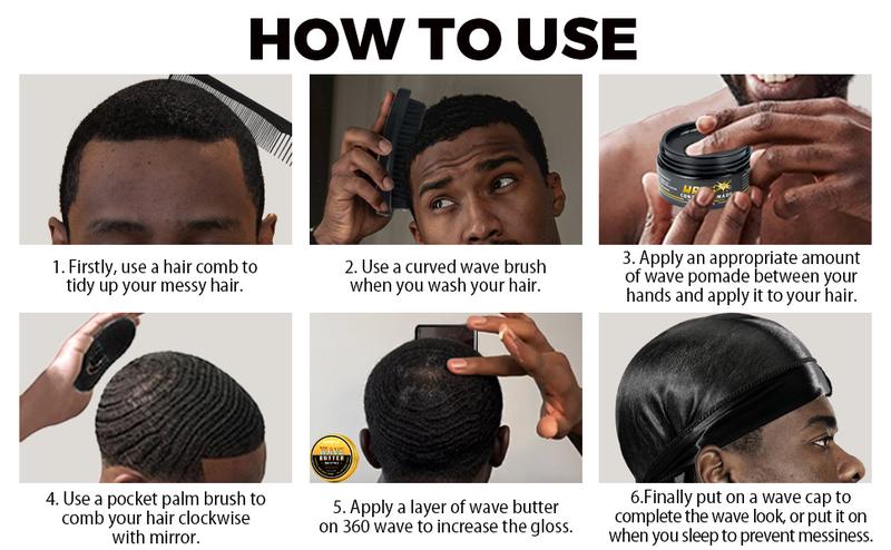 Strong Hold Wave Pomade for Men, 360 WaveTraining Hair Cream Grease Promotes Layered Waves, Silky Shine, Non-Toxic,  High Performance， Brush and Durag Cap Set ，Valentine’s Day Gift for Men
