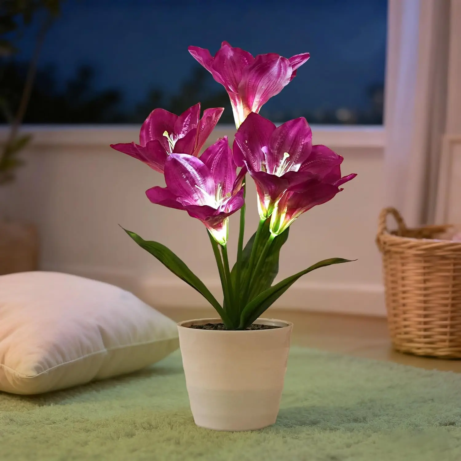 Artificial Purple Lily Potted Flower Design Lamp - Shabby Chic Ambient Night Light, Art Deco Home Decor, Romantic Glow Gift for Valentine's Day/Mother's Day