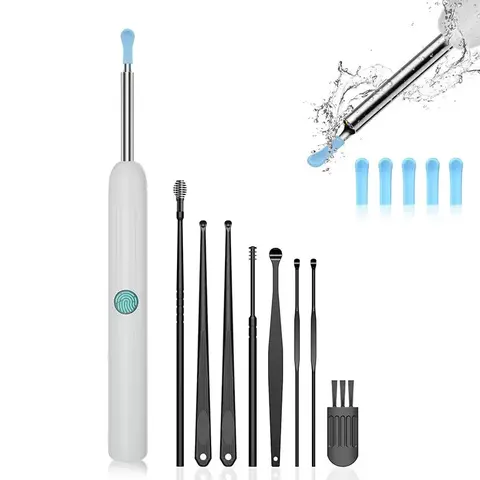 Wireless Earwax Cleaner - 1080P HD Camera, IP67 Waterproof, 1-Touch WiFi, LED Lights, Silicone Tips, USB Cable, Cleaning Brush, Bottle, Home Ear Health Check Tool for iPhone, iPad, Android (Black/White)
