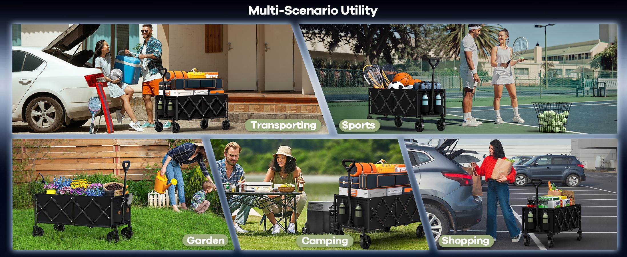 Collapsible Heavy Duty Utility Wagon Cart, Extra Long Beach Cart with All Terrain Wheels 360-560LB Capacity 120L-300L Storage, Foldable Utility Cart with Durable Steel Frame & Black Oxford Fabric for Groceries, Shopping, Camping, Sports, Garden