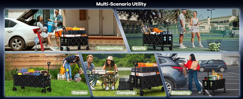 Collapsible Heavy Duty Utility Wagon Cart, Extra Long Beach Cart with All Terrain Wheels 360-560LB Capacity 120L-300L Storage, Foldable Utility Cart with Durable Steel Frame & Black Oxford Fabric for Groceries, Shopping, Camping, Sports, Garden