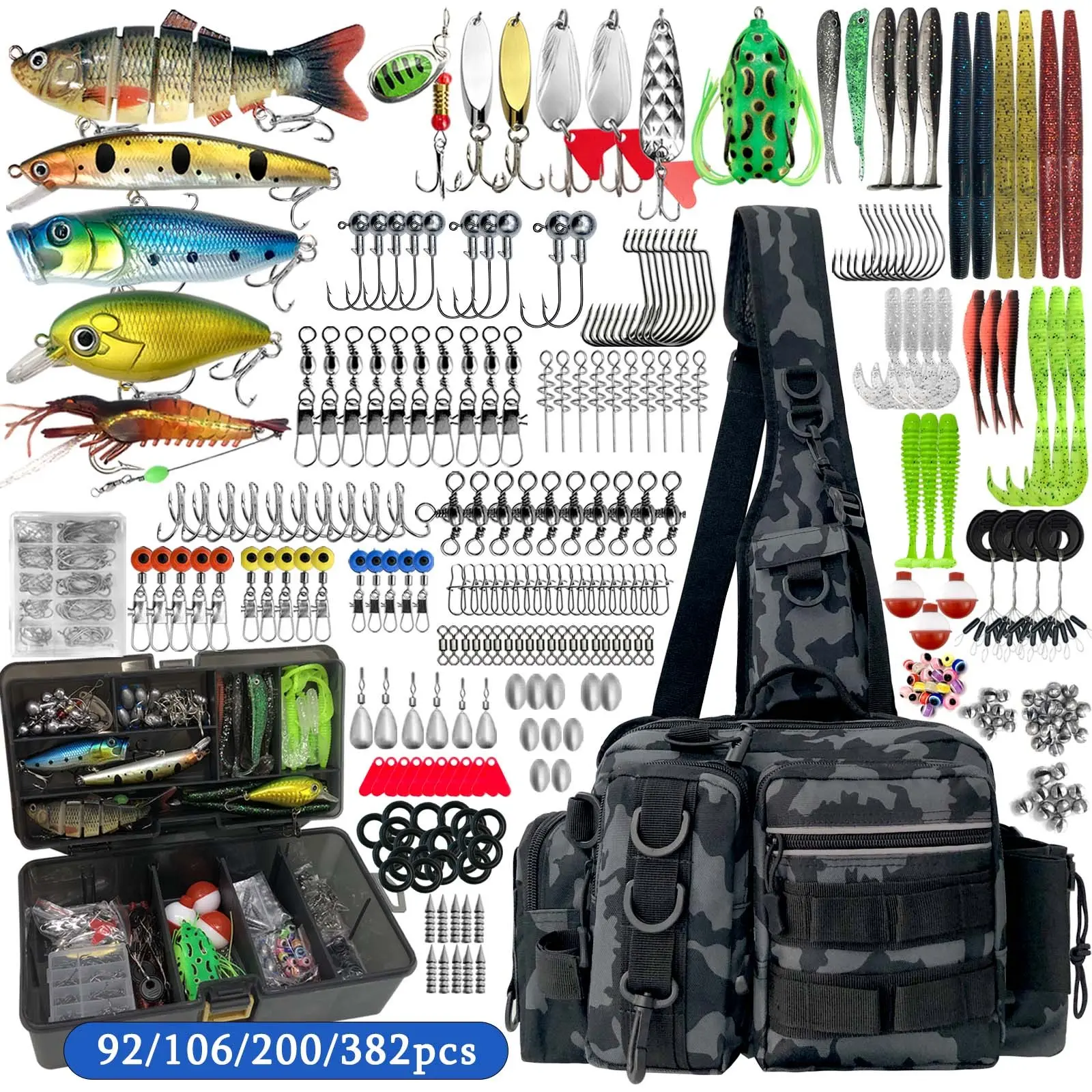 92/106/200/382pcs outdoor fishing lure set, Fishing Tackle, Fishing Supplies, including fishing gear box, storage bag, tool kit, soft bait, hard bait, surface bait set, universal for seawater and fresh water