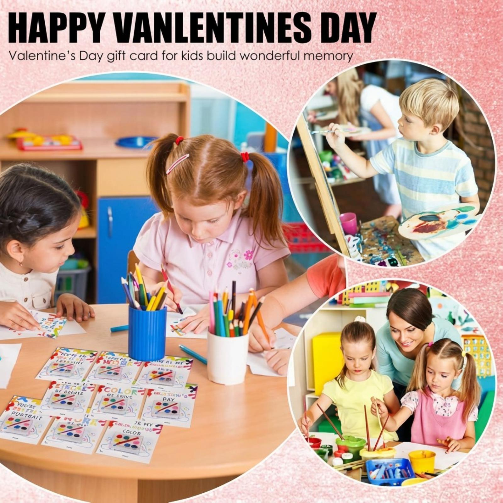 18/50 Pcs Valentine's Mini Watercolor Paint Cards Sets Kids Valentine's Art Gift Includes Valentines Gift Painting Cards  Brush Paint Sets with Adhesive Dots for School Classvalentines teacher students Party Gifts