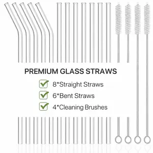 18-Pack Glass Straws, Reusable Clear Glass Drinking Straws Set, 8.5 Inch x 10mm - Includes 8 Straight and 6 Bent with 4 Straw Cleaner Brush, Perfect for Smoothies, Milkshakes, Juice, Tea