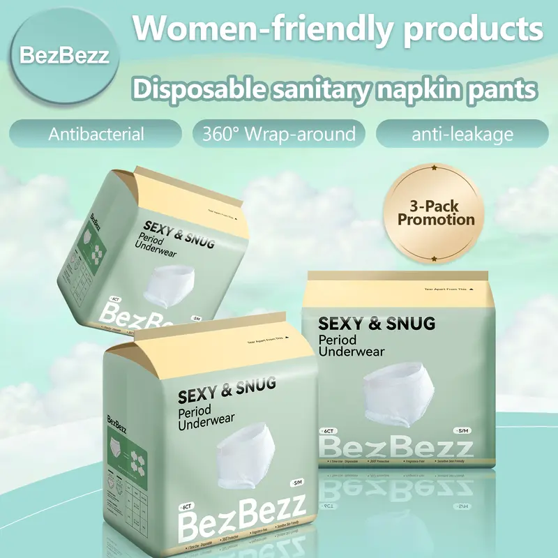 BEZBEZZ Women's Disposable Period Underwear, 360° Wrap-Around Leakproof Waterproof Panties with Pad, 12-Hour Protection, Moisture-Wicking Breathable Non-Medical Fabric, Unscented Odor-Control, S-XL for Heavy Flow Days & Postpartum Care (L/XL 10pcs Option)