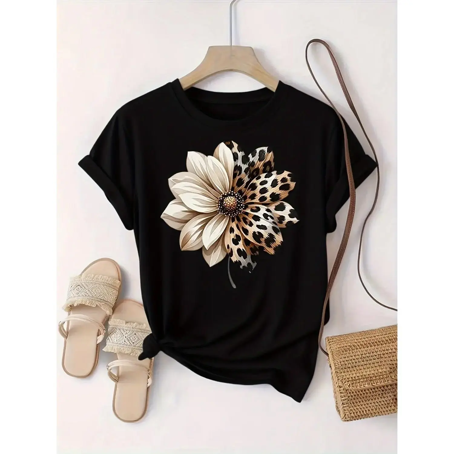 [Soft, Women's Loose T-Shirt] Soft & Breathable Women's Loose T-Shirt| Peach Short Sleeve Round Neck Casual & Party Top with Floral & Leopard Print-like Stripe Design - Machine Washable All-Season Daily Wear Shirt (H-Line Silhouette)