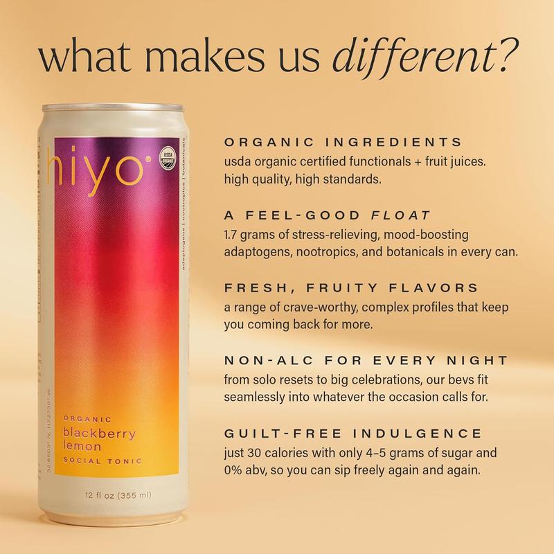 Hiyo Organic Social Tonic – Classic Pack, 12 Pack - N.A. Functional Seltzer, Sparkling Water Crafted with Organic Adaptogens, Nootropics & Botanicals
