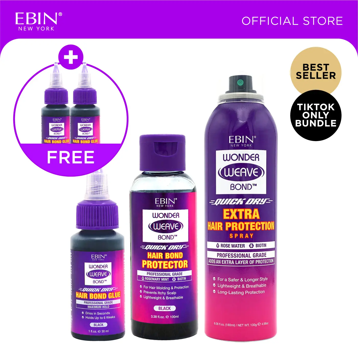 EBIN Wonder Weave Bond 3-Step Install & Care Bundle - Hair Bond Glue + Hair Protector + Extra Hair Protection Spray with FREE Bond glue | Up to 6 weeks hold, Quick dry, Healthy hair