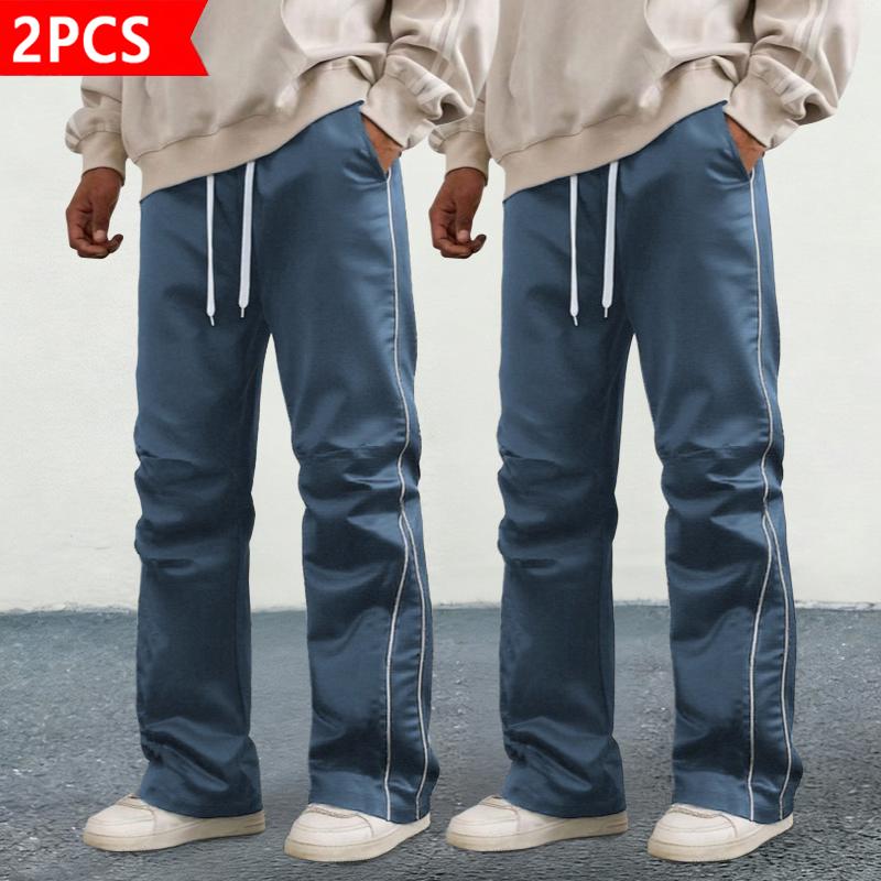 Men's Stacked Track Pants 2-Pack - Streetwear Hip Hop Contrast Piping Wide Leg Pants, Drawstring Waist Casual Baggy Trousers, Lightweight Satin Fabric for Daily Wear, Hip Hop & Street Style. Beige Crewneck