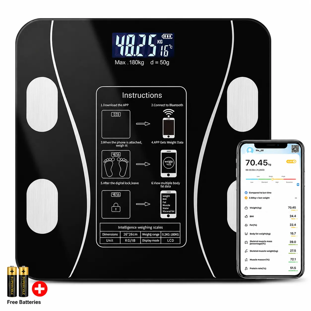 Bluetooth Smart Electronic Bathroom Scale - High-Precision Intelligent Body Fat Tracking BMI Monitor, App Control Health Analyzer with Smartphone App, 400 lbs Capacity, 2 Free Batteries, Body Fat Tracking Bathroom Scales, High-Precision Bathroom Scales