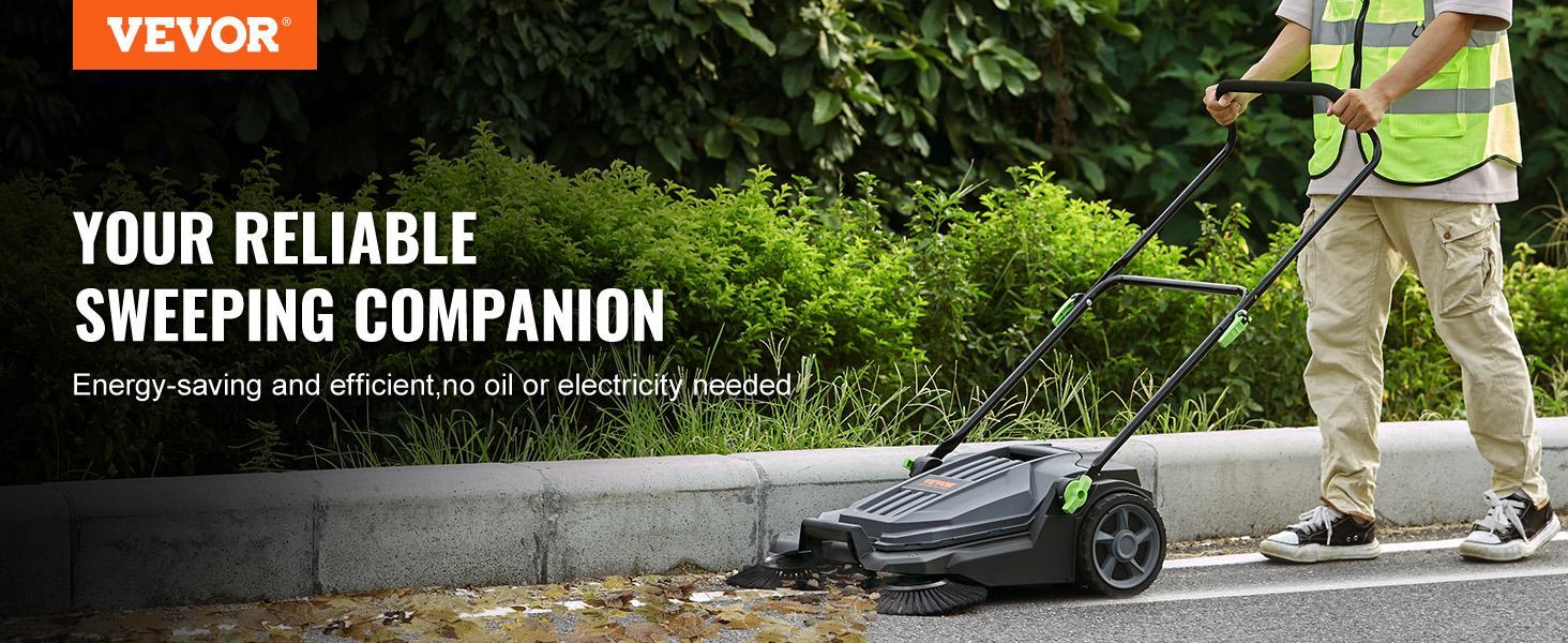 VEVOR Walk-behind Hand Push Floor Sweeper, 25.6" Sweeping Width Floor Sweeper Manual Non-Electric, 5-Gallon Waste Container, Angle & Height Adjustable Folding Handle for Walkway, Yard, Garage, Patio  VEVOR Super Brand Day