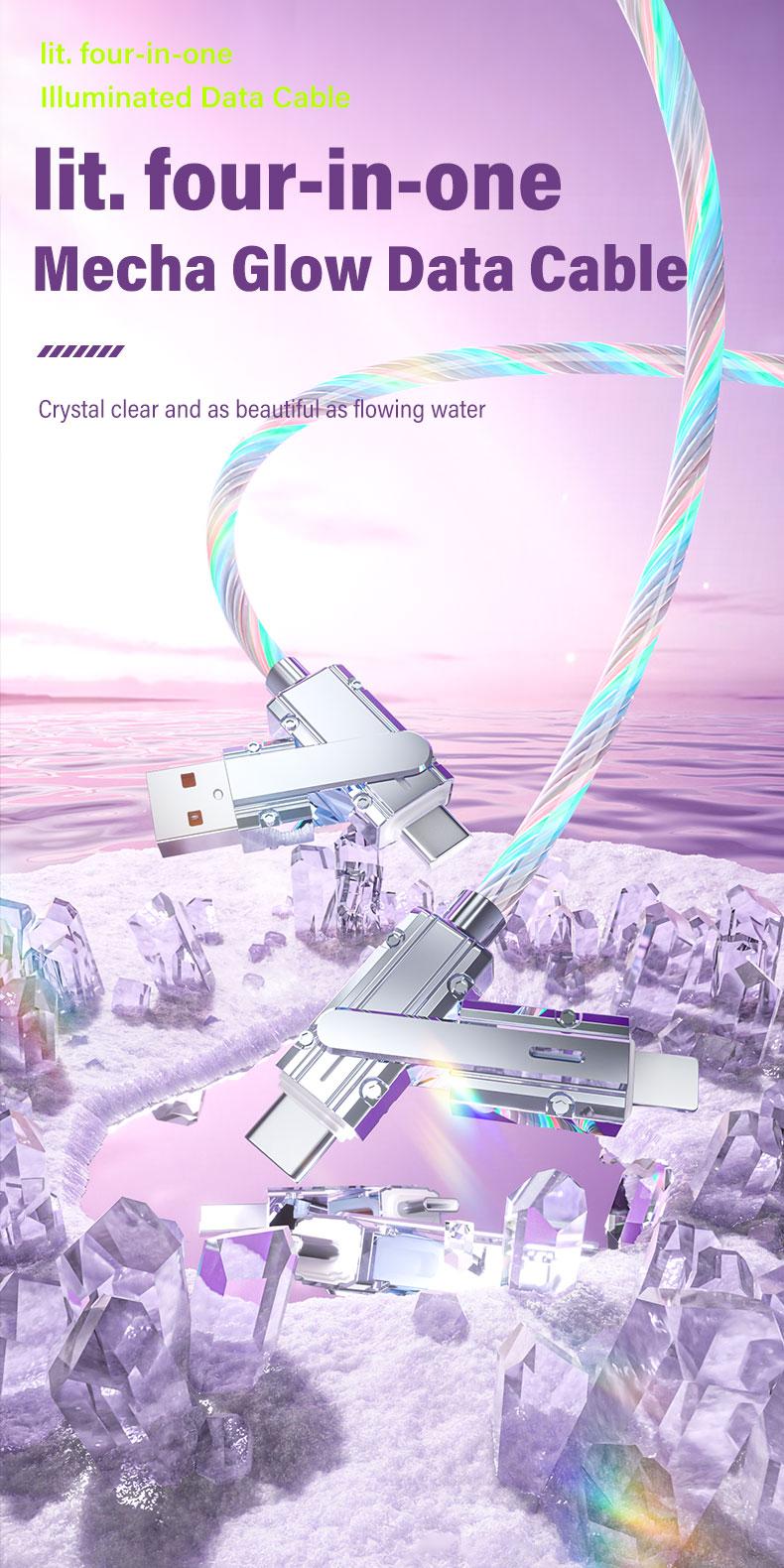 Four-in-One 100W Colorful lights Data Cable,Supports fast charging and data transmission,Free switching four interfaces, Luminous Durable